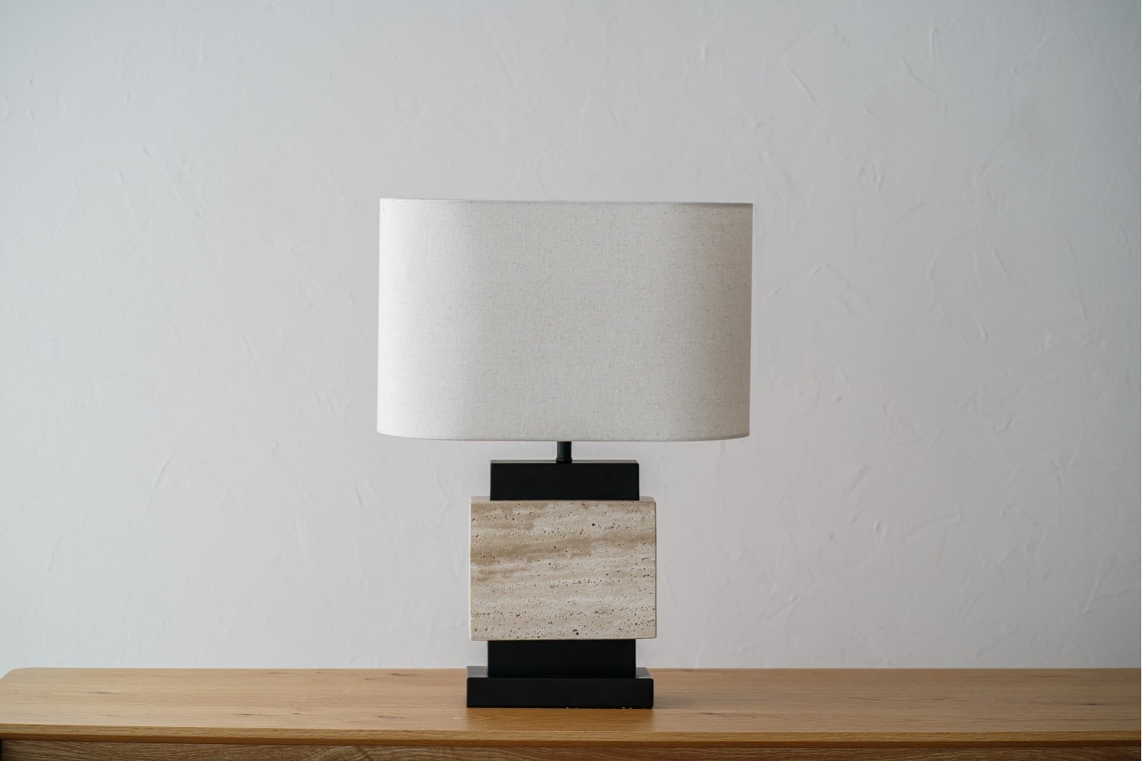 LARA TABLE LAMP. TRAVERTINE METAL LINEN