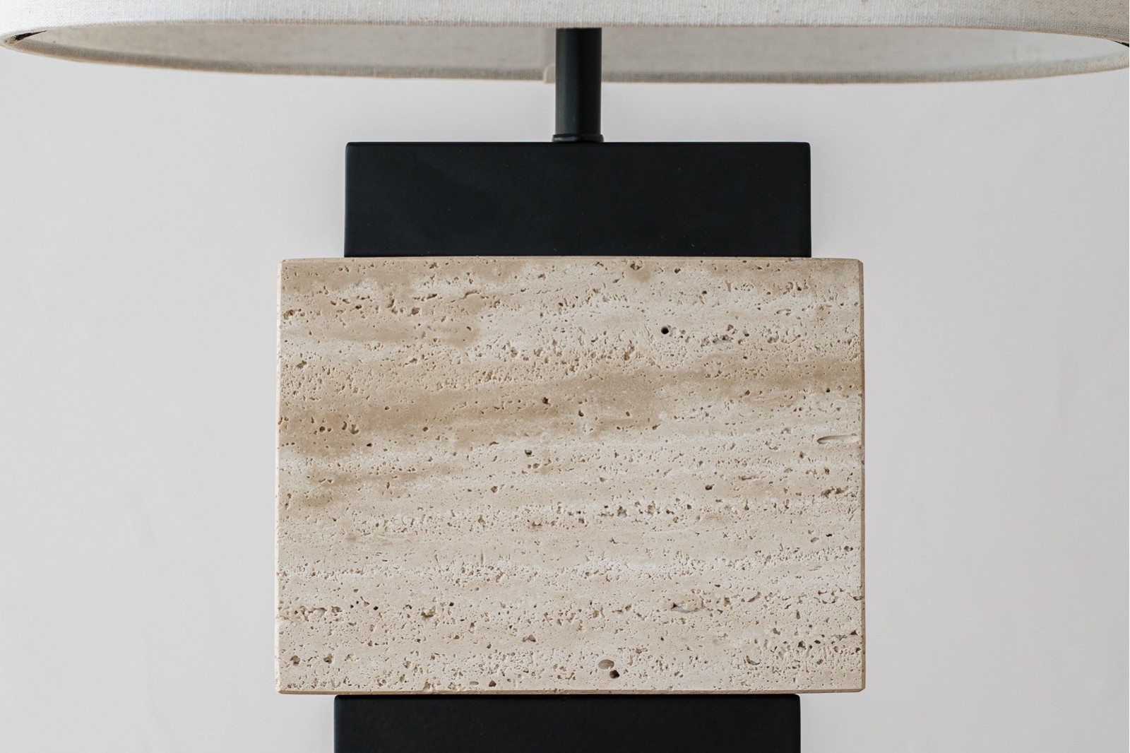 LARA TABLE LAMP. TRAVERTINE METAL LINEN