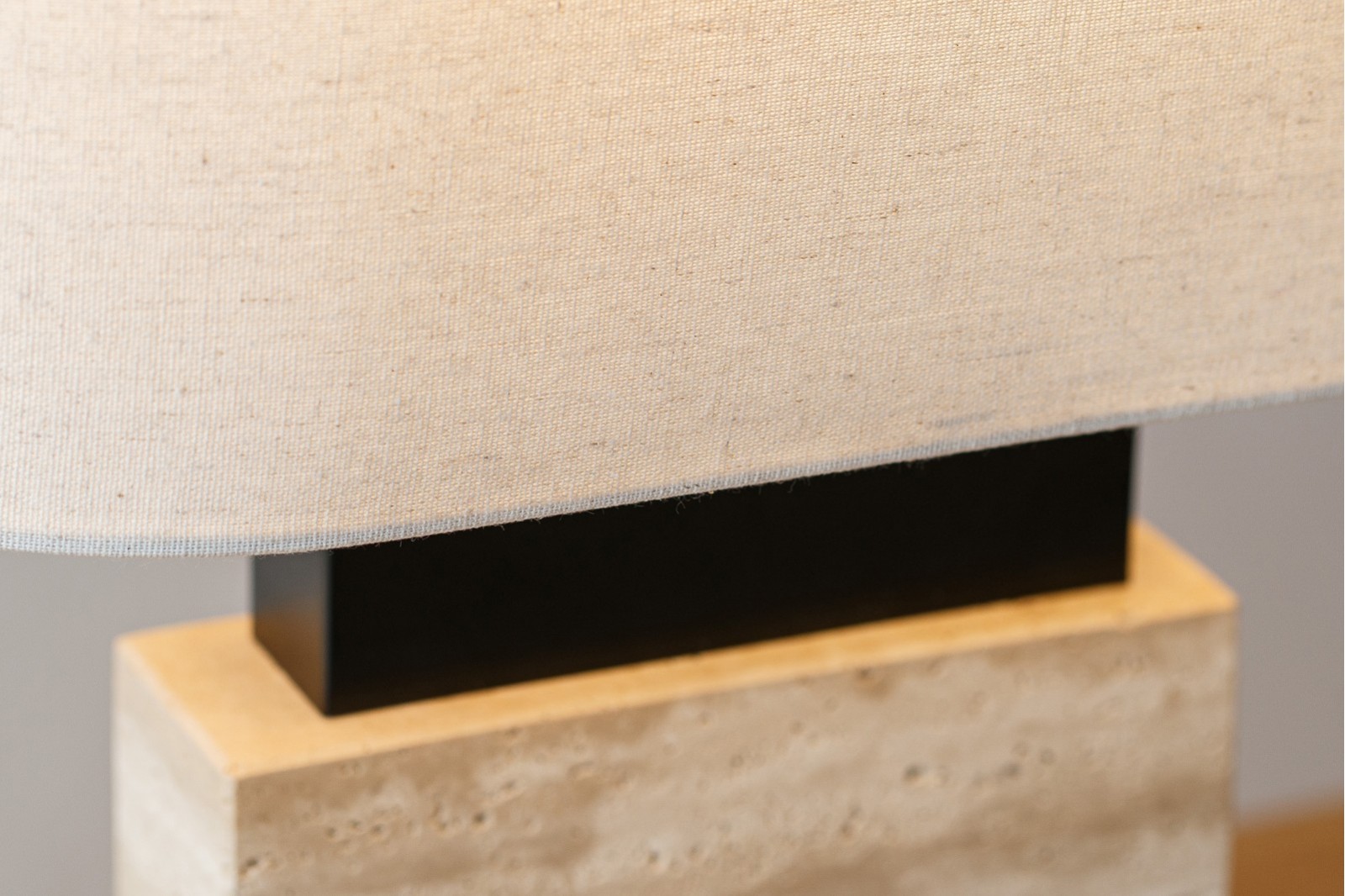LARA TABLE LAMP. TRAVERTINE METAL LINEN