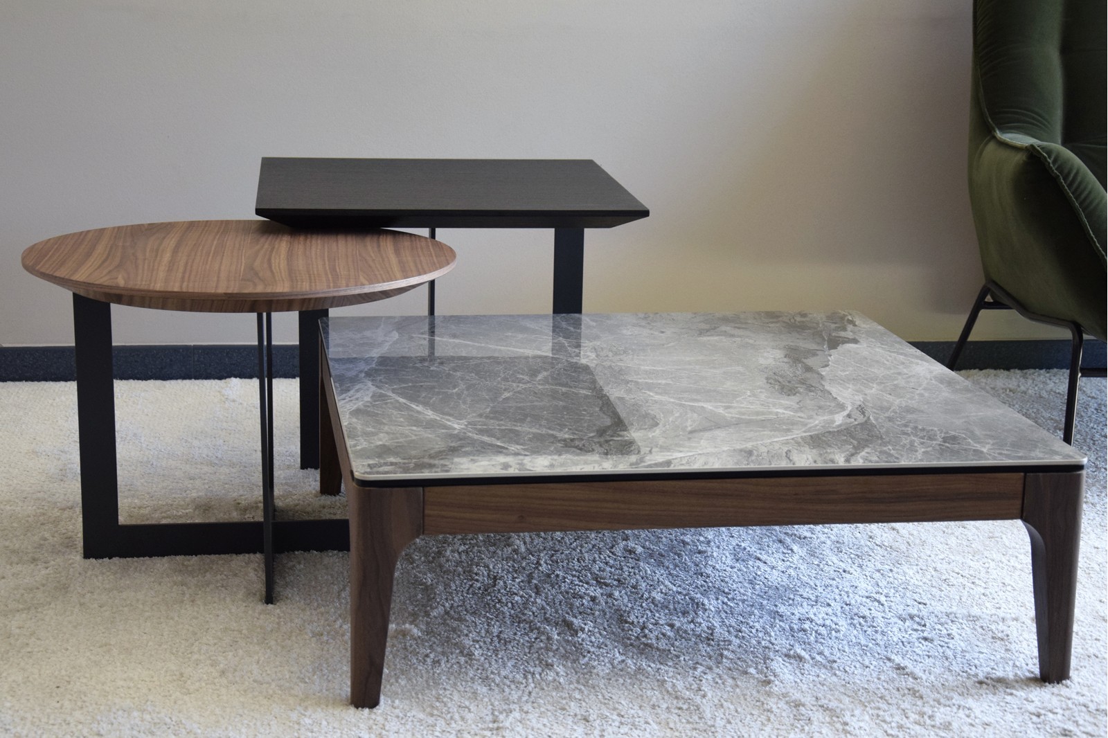 COFEE TABLE.GREEN GREY CERAMIC TOP AND WALNUT BASE
