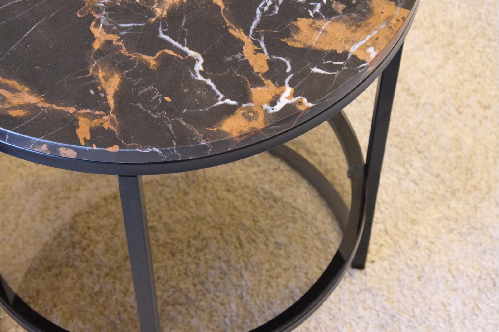 SIDE TABLE MARBLE TOP GLASS SHELF AND BLACK METAL