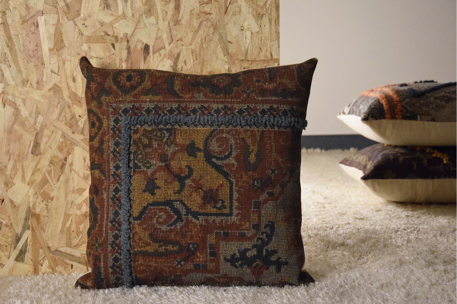 COTTON-WOOL CUSHION. OCHRE COLORS-BLUE EMBROIDERY