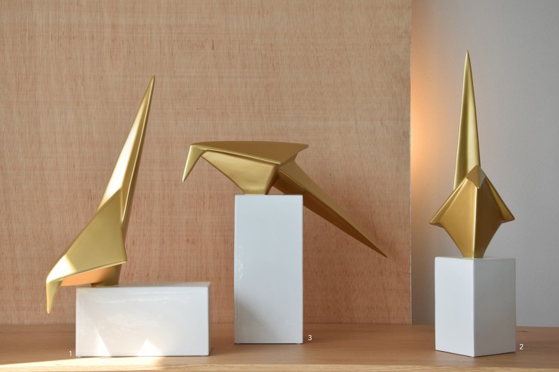 ORIGAMI BIRD COLLECTION. CERAMIC SCULPTURE WHITE GOLD GLOSSY